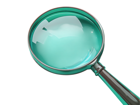 A magnifying glass is shown in a bright green color