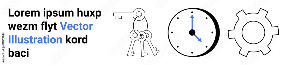Poster keys with an old-fashioned lock, clock showing time with arrows, cogwheel for mechanical or process 