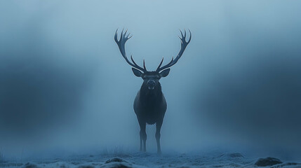 Majestic stag in a misty landscape.