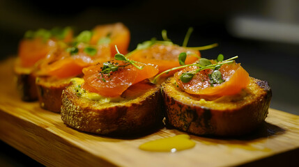 Gourmet smoked salmon appetizers on toasted bread