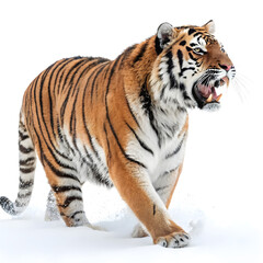 Naklejka premium A roaring tiger facing forward with its body slightly angled, showing detailed fur and an intense expression.