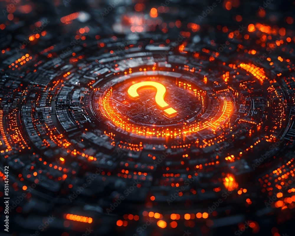 Aufkleber futuristic system generating financial insights amidst floating questions