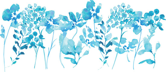 Fototapeta premium 水彩画。水彩タッチの青い花のベクターフレーム。夏の爽やかな青い花々。Watercolor painting. Vector frame of blue flowers with watercolor touch. Fresh blue flowers of summer.