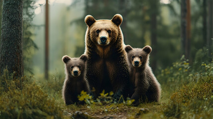 Obraz premium Mother bear and cubs in a tranquil forest setting.
