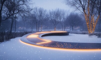 elegantly wrapped presents stacked on a snowy bench under softly glowing fairy lights, Generative AI