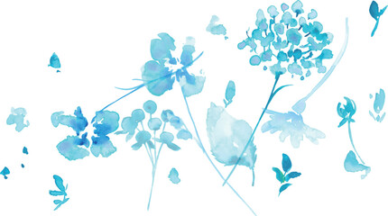 水彩画。水彩タッチの青い花のベクターフレーム。夏の爽やかな青い花々。Watercolor painting. Vector frame of blue flowers with watercolor touch. Fresh blue flowers of summer.