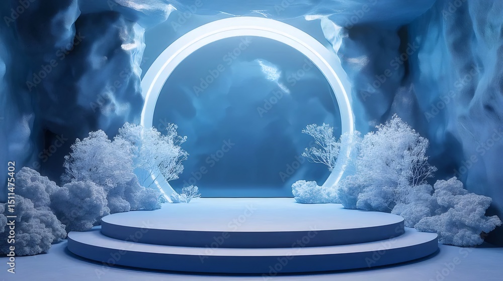 Aufkleber 青色発光リングと白い雲と雪の装飾が施された丸いプラットフォームの3dレンダリング