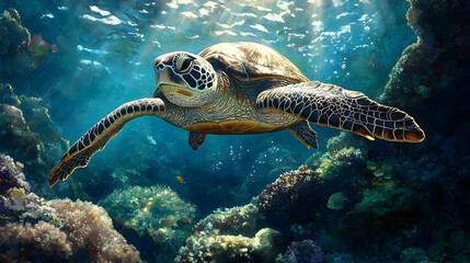 Fototapeta premium Sea turtle swimming amidst coral reef.