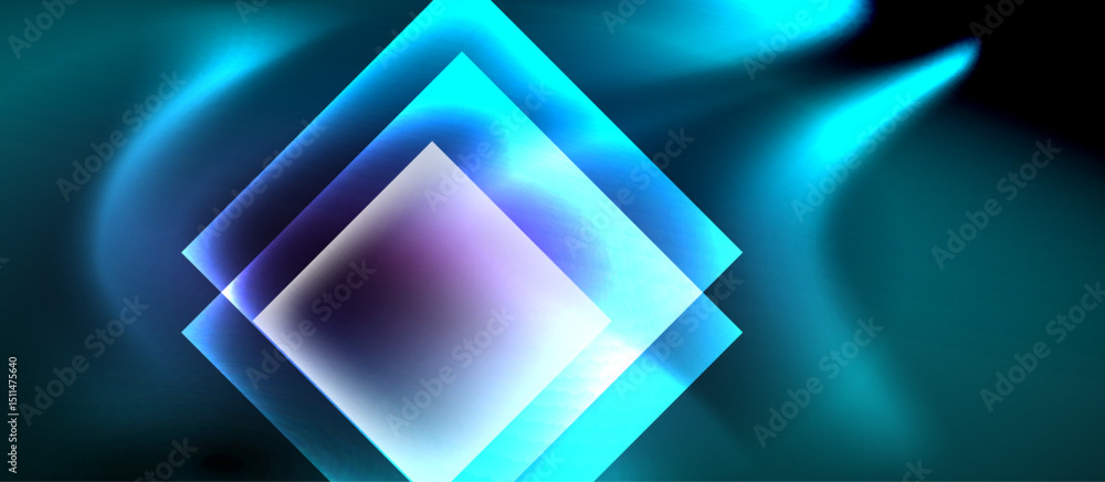 Poster abstract squares overlap, creating luminous effect. teal, purple hues dominate dark background. mode