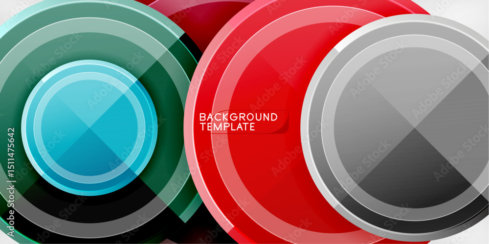 Aufkleber Abstract circles overlap, creating vibrant visual effect. Red, green, cyan hues dominate dark background. Modern design element.