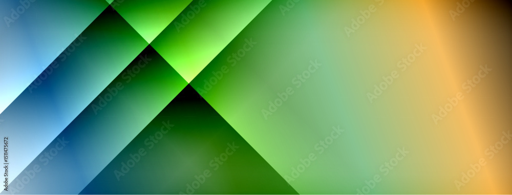 Poster abstract geometric shapes blend vibrant colors. gradient transitions create dynamic visual effect. m