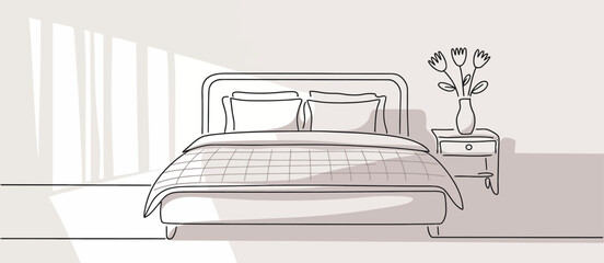 Minimalist Line Drawing of a Modern Bedroom with Sunlight
