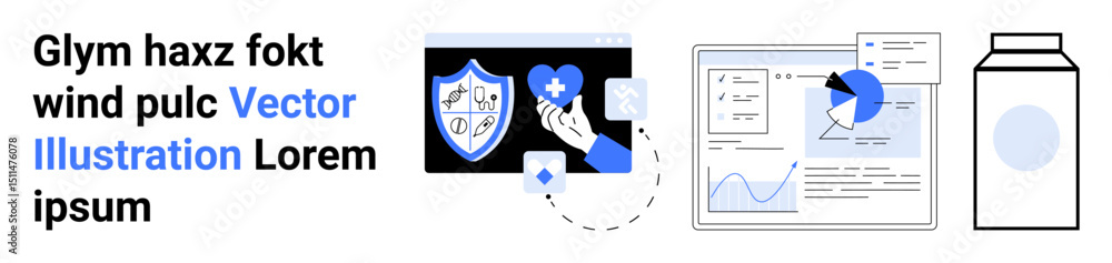Poster shield with cross and hand, data charts on a screen, and minimalistic product box design. ideal for 