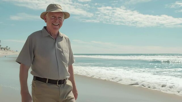 Mature man enjoys a relaxing walk along the beach on a sunny day, A mature 66 year old man enjoying a walk at the beach in Southern California Slow Motion