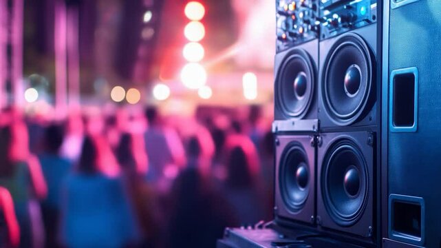 Audio speakers and blurred crowd at an event with vibrant lighting and modern technology