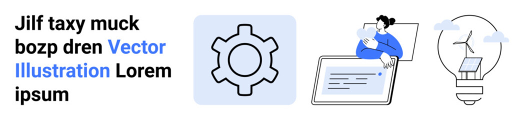 Gear symbol, person with laptop, and eco-friendly lightbulb represent innovation, teamwork, and sustainability. Ideal for technology, environment, brainstorming, teamwork strategy progress simple