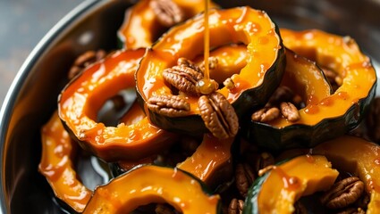 close-up gourmet culinary styling texture contrast acorn squash roasted squash rings caramelized maple syrup toasted pecans
