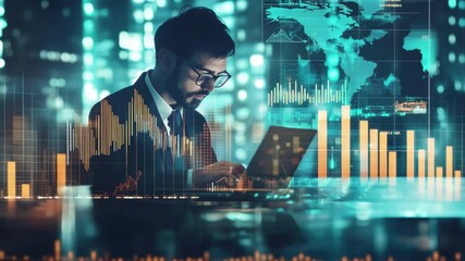 Data analyst processes financial information in a modern business environment at night, financial data processing over diverse business people in office - Powered by Adobe