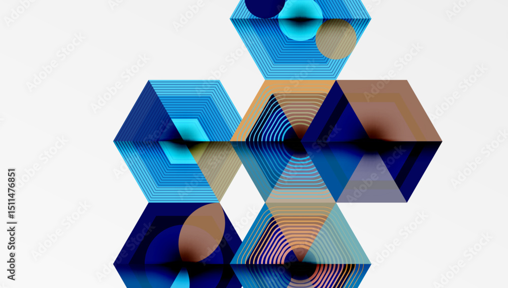 Poster abstract geometric design. hexagons, circles, lines create complex pattern. blue, brown hues dominat
