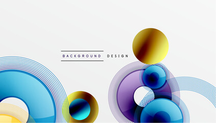 Abstract colorful layers, circles, lines create modern graphic design. Minimalist style, bright hues, smooth gradients present visual harmony.