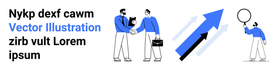 Business professionals shaking hands with briefcases, bold upward blue arrows symbolizing success, figure holding a magnifying glass. Ideal for teamwork, growth, success, innovation, progress