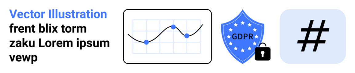 Line graph, GDPR shield, locked privacy symbol, and metadata tag highlight data analysis, online security, and social media. Ideal for analytics, cybersecurity, privacy technology internet