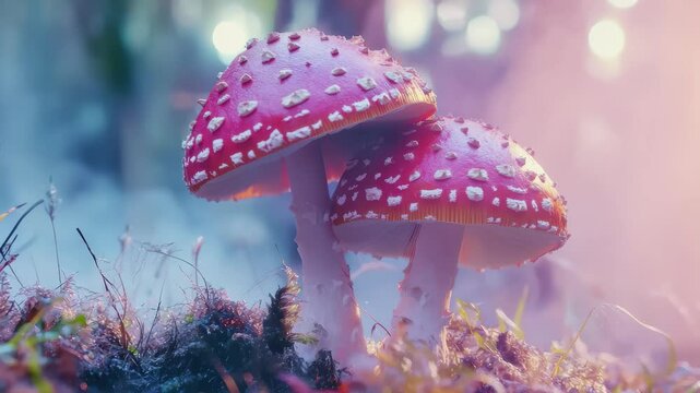 Two amanita mushrooms showcasing poisonous beauty in nature's time lapse, two amanita poisonous mushroom in nature time lapse