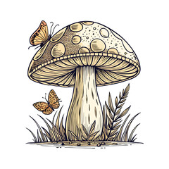 Enchanting Mushroom with Butterflies, Vintage Botanical Illustration.
