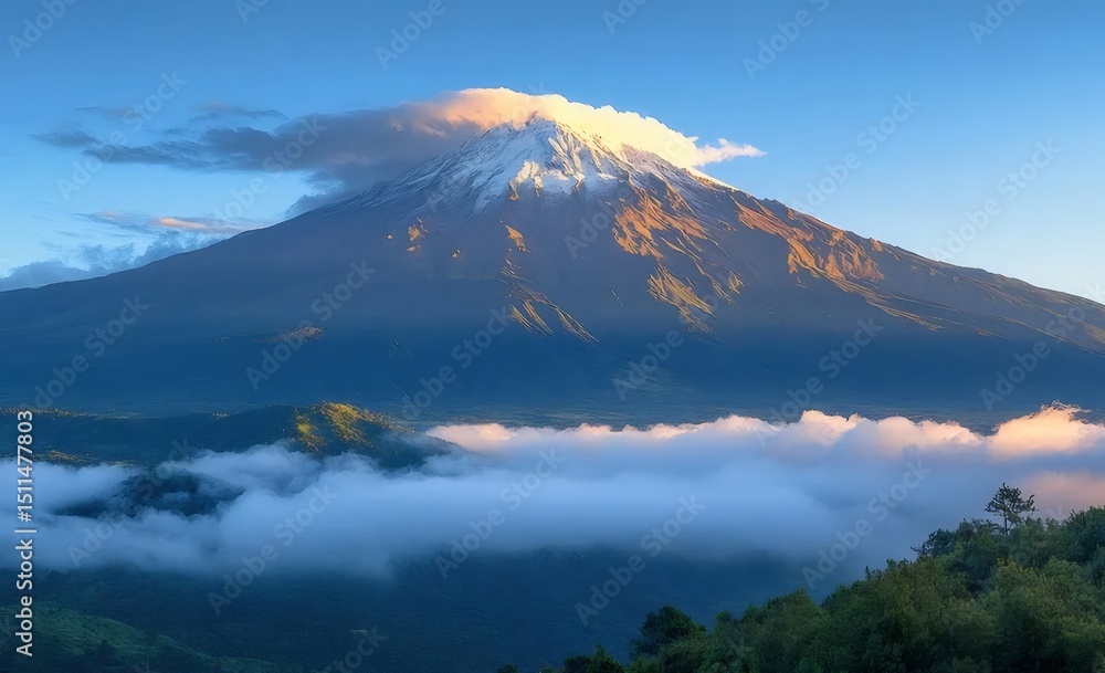 Poster 朝日に照らされた山頂と雲海の風景 太陽光が雲を染める美しい自然