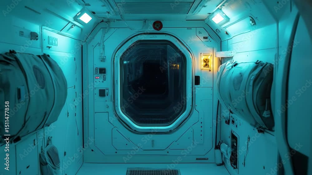 Poster astronaut explores tunnel leading to another compartment in a futuristic space station at night, ast