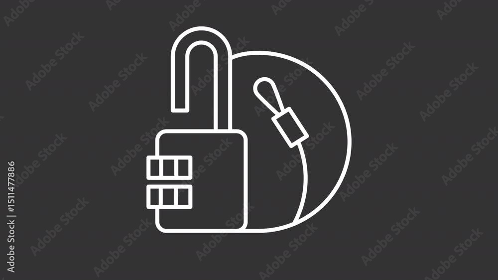 Poster animated combination cable lock white line icon. locking device with wire animation. protecting pers