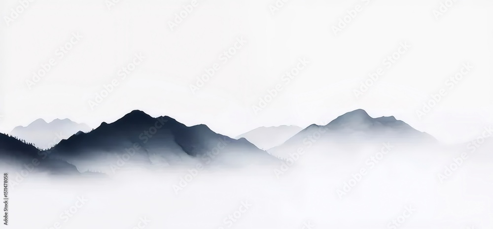 Poster 水墨画のような山並みと霧がかった風景 落ち着いた青と白のグラデーション 霞む山々のシルエット 穏やかな雰囲気
