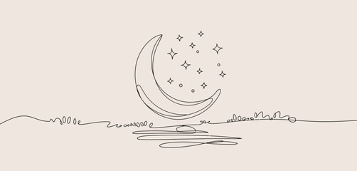 Crescent Moon and Stars Night Sky One Line Art Minimalist