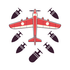 Red vintage warplane surrounded by bombs.