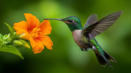 A hummingbird hovers near an orange flower.