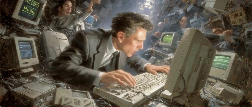 Frantic businessman types rapidly in a chaotic retro server room full of vintage monitors, camera stays fixed as he twitches and moves with urgent energy