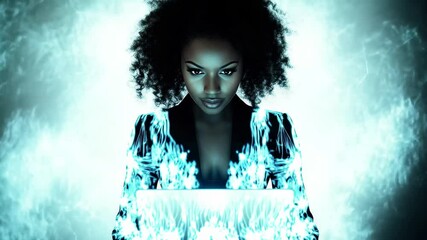 Data processing by an African American businesswoman in a futuristic setting focused on technology, data processing over african american businesswoman using laptop - Powered by Adobe