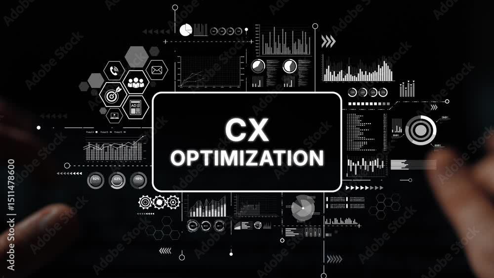 Poster hands on a keyboard with digital graphics surrounding the text cx optimization, representing modern 