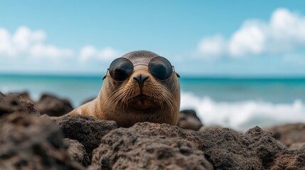 Seal Relaxing on a Rock Wearing Sunglasses Against a Clear Blue Sky and Ocean View