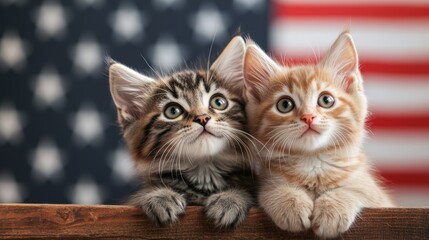 Cute Kittens with American Flag Background, Close-up Portrait of Two Adorable Cats
