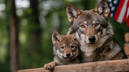 Obraz premium Close-Up of Wolf and Pup Together in Natural Environment with American Flag in Background