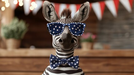 Playful Zebra Wearing Sunglasses and Bow Tie with Stars in Bright Festive Setting
