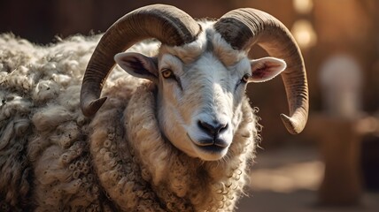 Close-up portrait of a sacrificial ram with curved horns, clean white wool, wearing a decorative traditional Eid ribbon around its neck, soft warm lighting,Generative Ai
