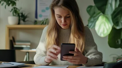 Caucasian businesswoman processes financial data on smartphone in modern workspace during daytime, financial data processing over caucasian businesswoman in office - Powered by Adobe