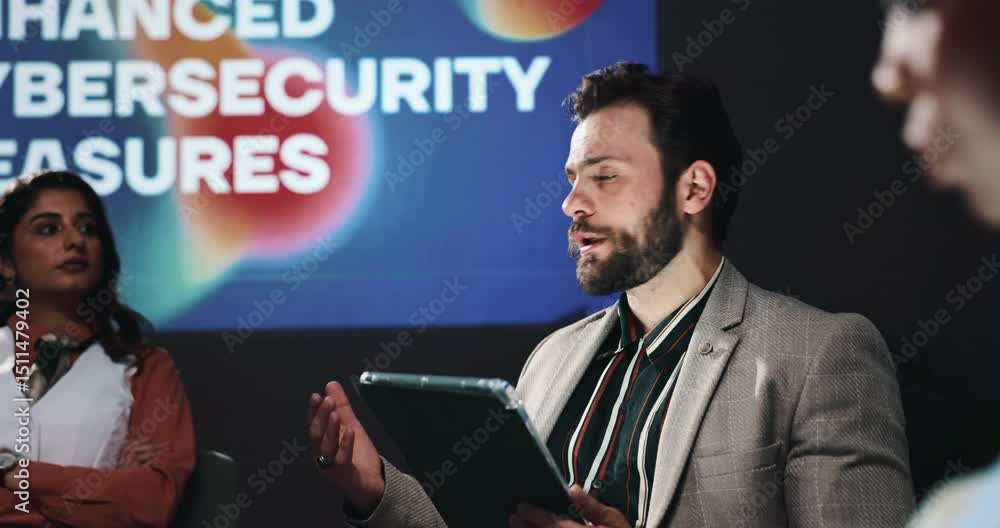 Aufkleber tablet, team and business people in discussion on a stage for enhanced cybersecurity measures. meeti