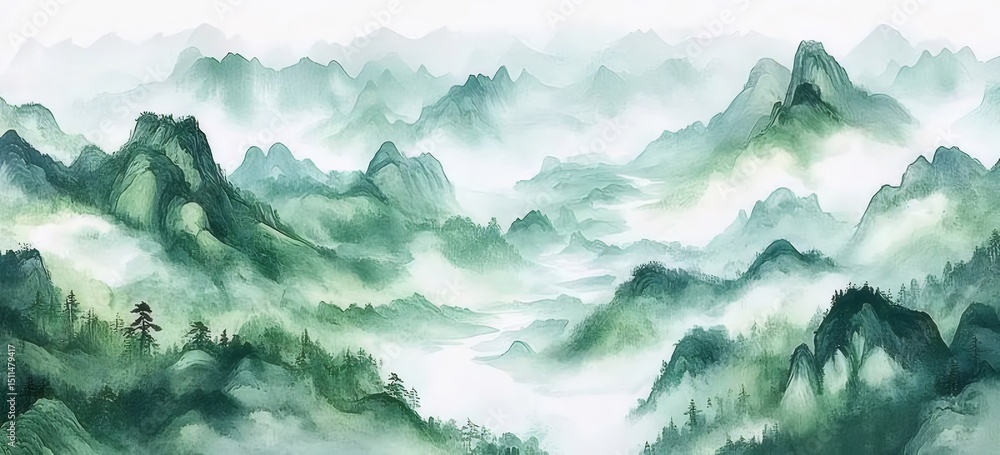 Poster 水墨画調の山々と霧の風景 水彩画のような緑色のグラデーションと穏やかな雰囲気