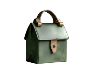 A green purse with a brown handle sits on a white background