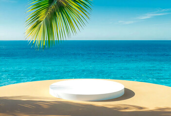 Obraz premium Serene Tropical Beach with Palm Leaves and Circular Platform