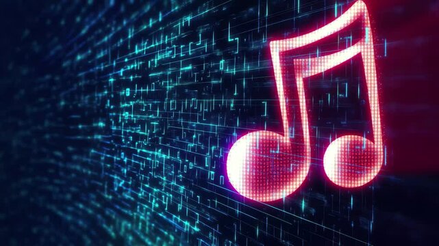 Digital design showcasing music symbol intertwined with binary code in vibrant colors, Music logo, design consisting of digit code and symbol Abstract music icon in computer network