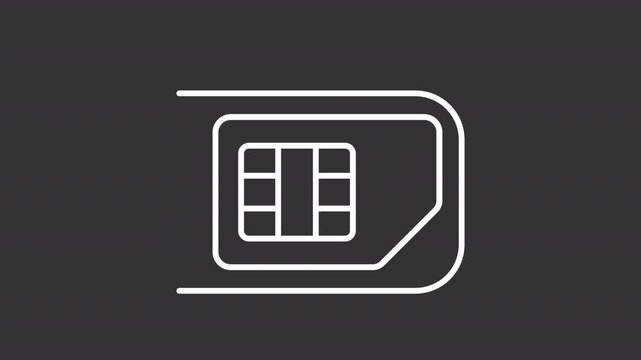 Animated SIM card inserting white line icon. Installing chip into mobile device animation. Communication technology development. Isolated element on dark background. Alpha transparent video